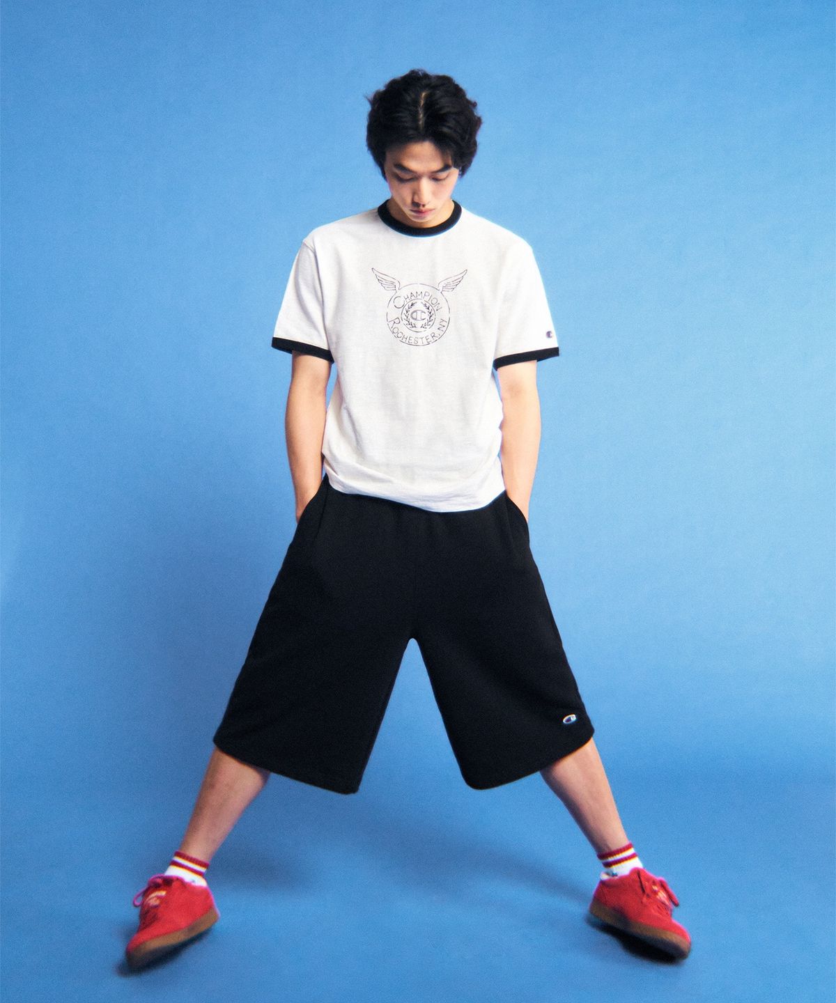 챔피온(CHAMPION) C로고 루즈핏 버뮤다 스웨트 팬츠 Black