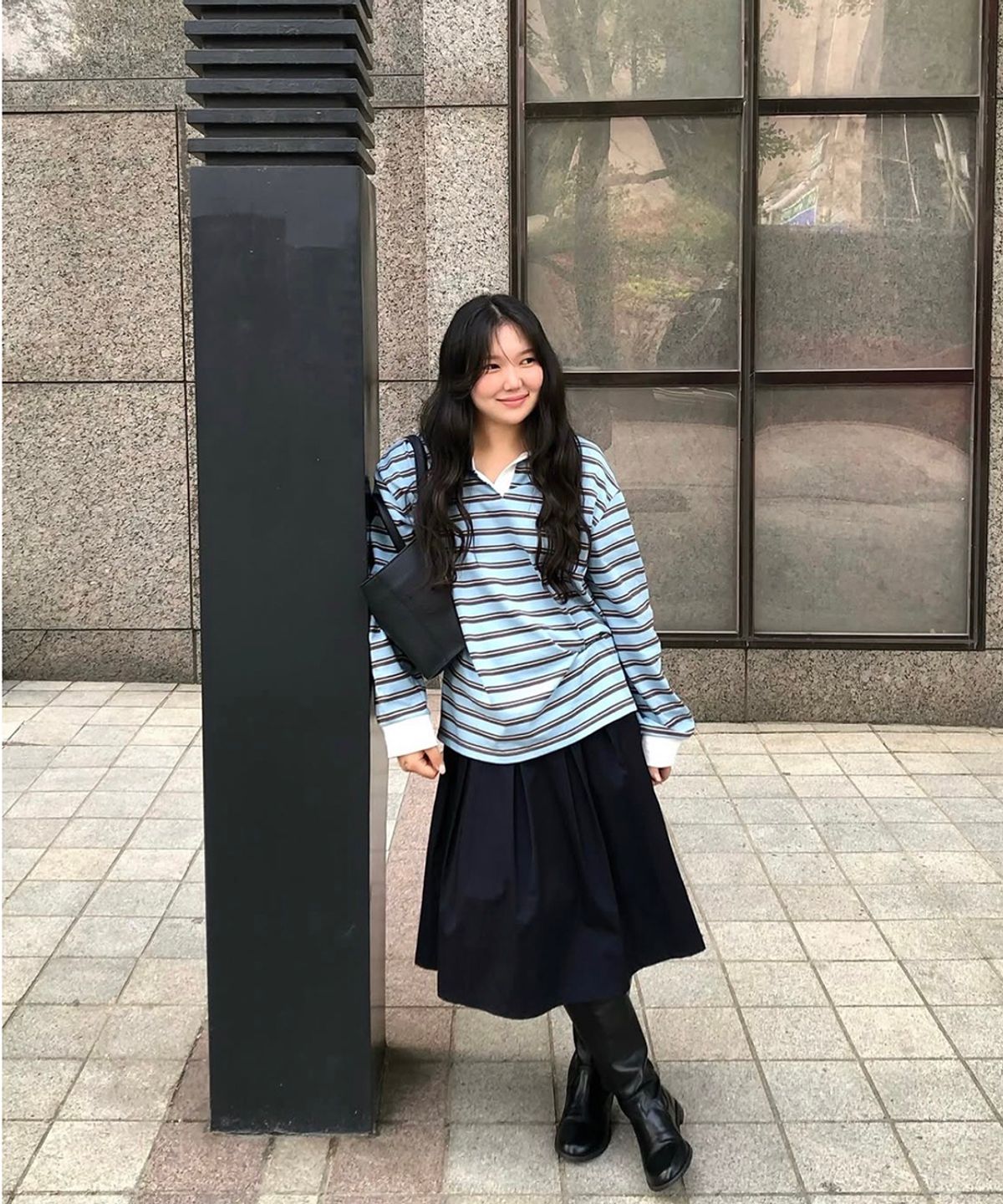 스트라이프마가린(STMG) 포터 로고 단추 카라 스웻셔츠 블루