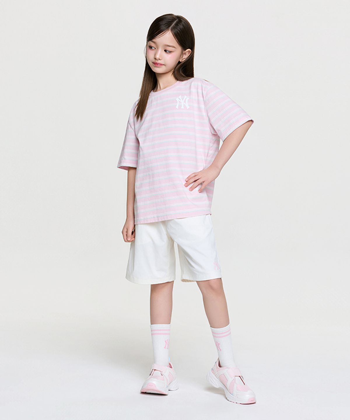 엠엘비 키즈(MLB KIDS) 스트릿 베이직 스트라이프 아트웍 티셔츠세트 NY (L.Pink)