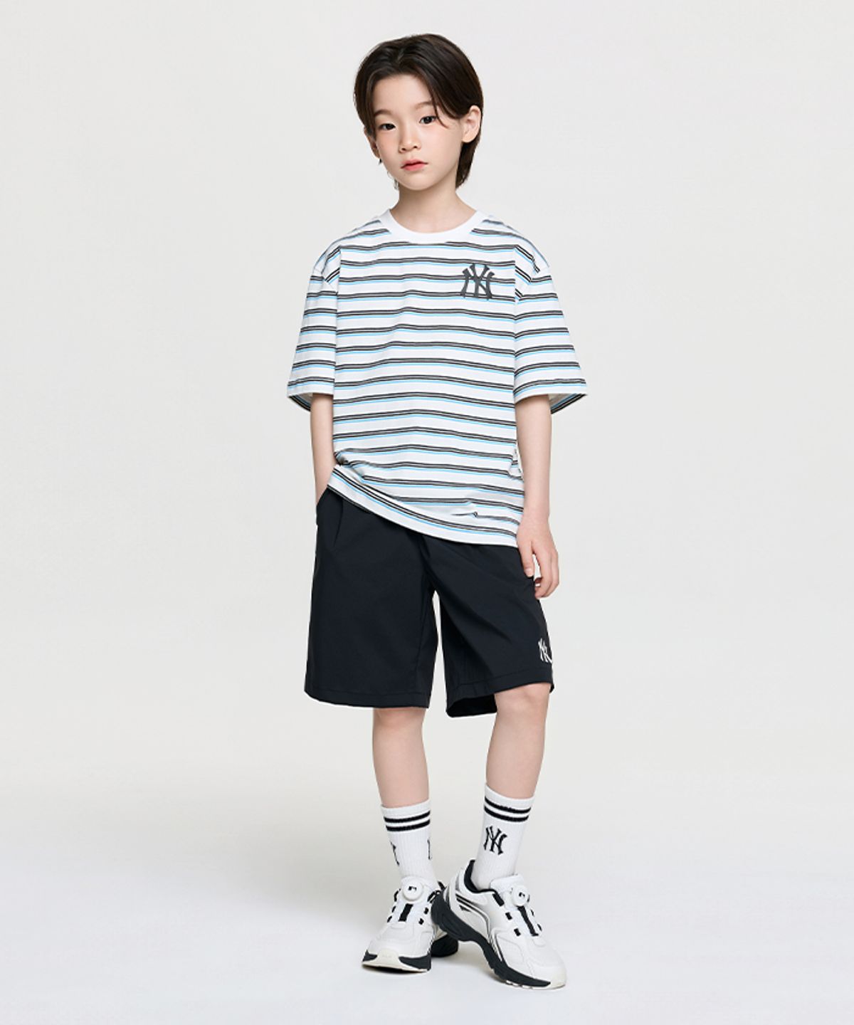 엠엘비 키즈(MLB KIDS) 스트릿 베이직 스트라이프 아트웍 티셔츠세트 NY (Ivory)
