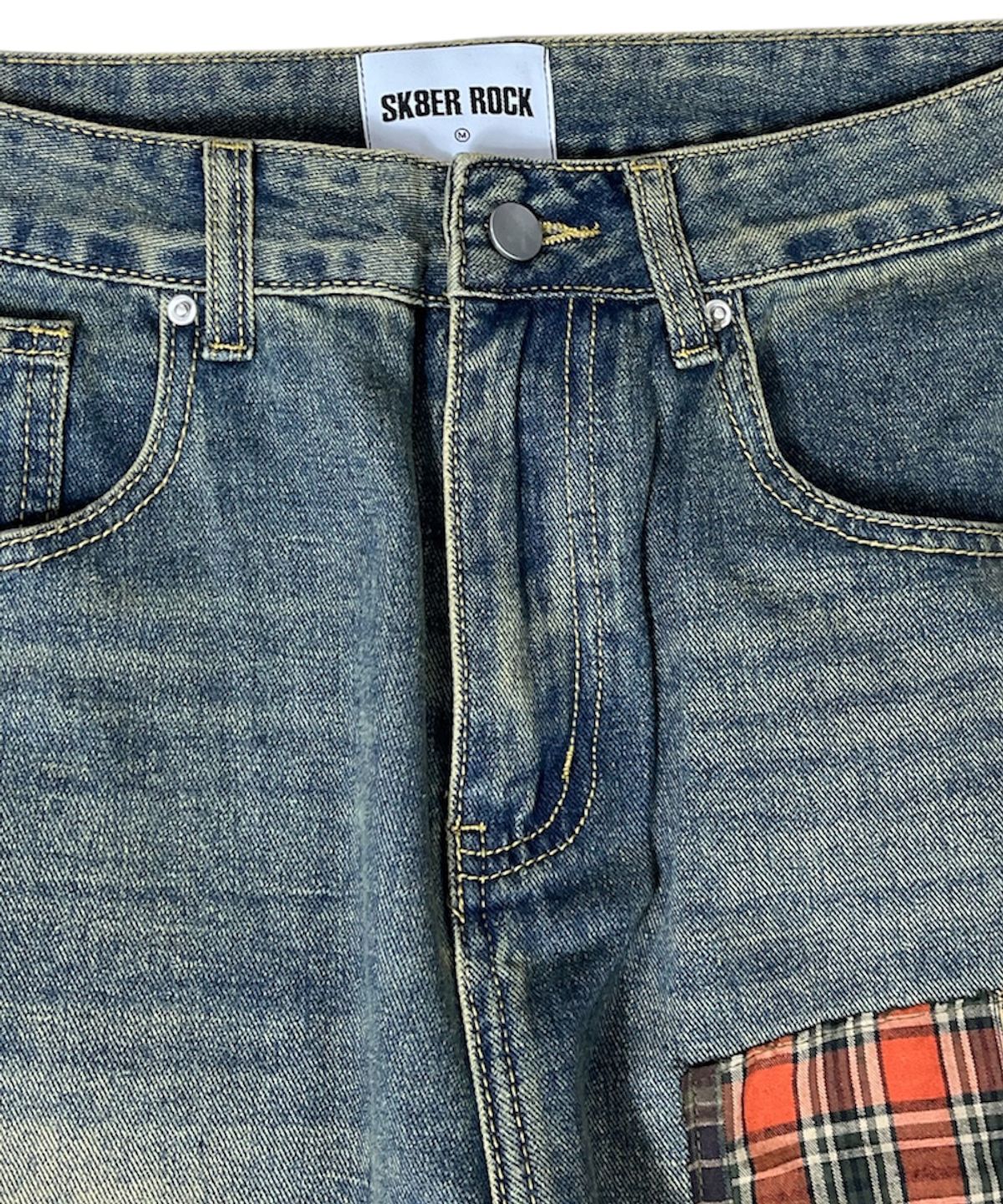 스케이터락(SK8ER ROCK) Patchwork Denim Wide Pants ((beige indigo))