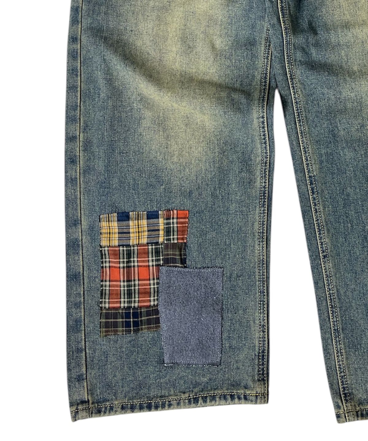 스케이터락(SK8ER ROCK) Patchwork Denim Wide Pants ((beige indigo))