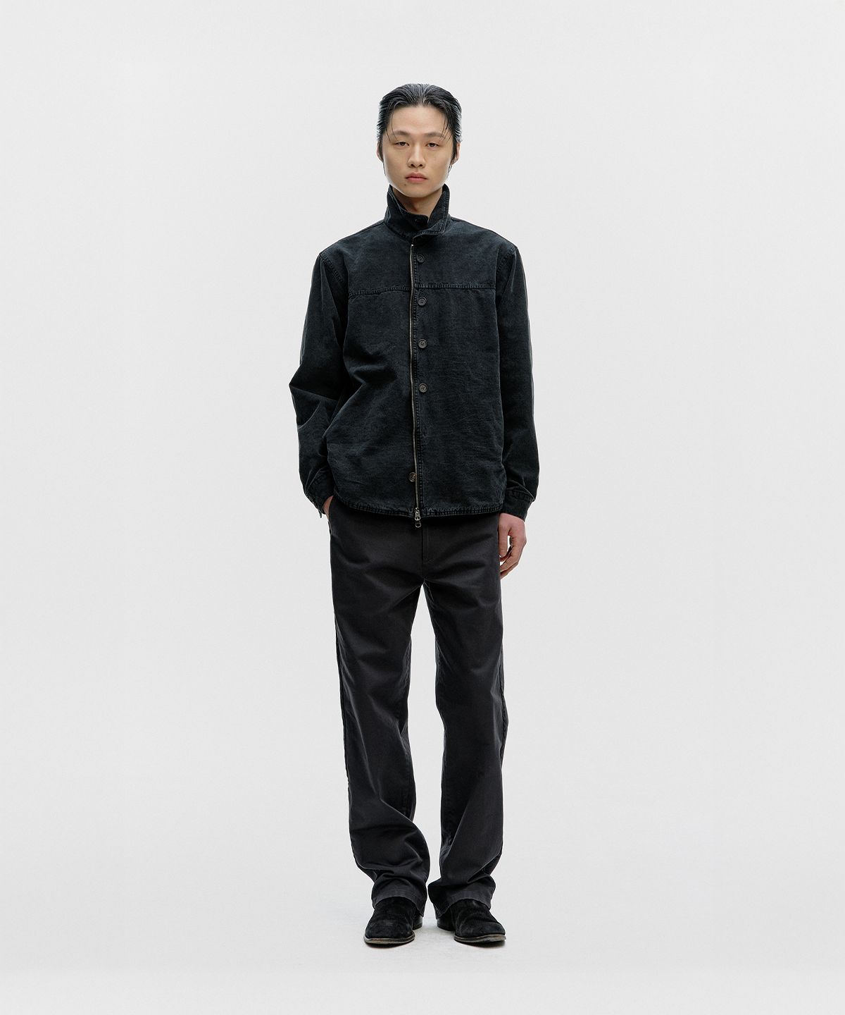 서피스에디션(SURFACE EDITION) DYED BUTTON SHIRT JACKET BLACK