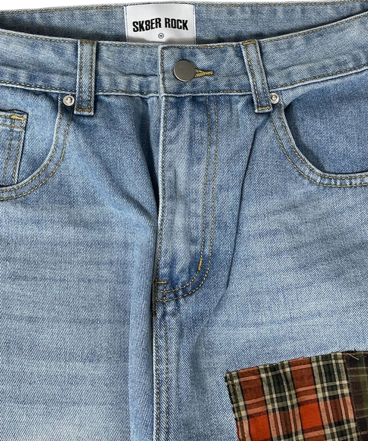 스케이터락(SK8ER ROCK) Patchwork Denim Wide Pants ((light blue))