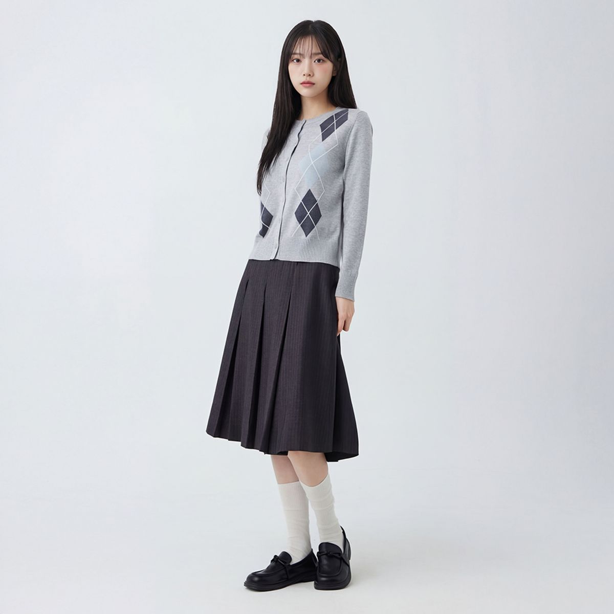랩(LAP) 잔패턴 맞주름 미디 스커트 AS1WS29C