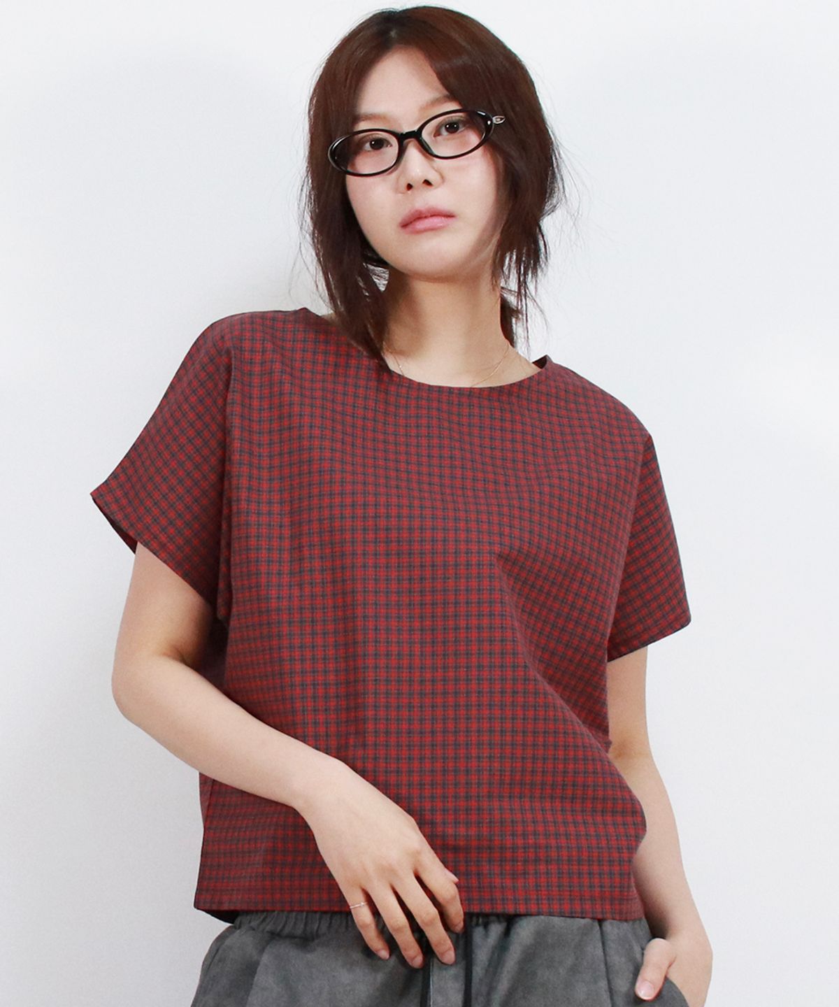 드마크(DEMARC) checkered mini French short-sleeved shirt Red