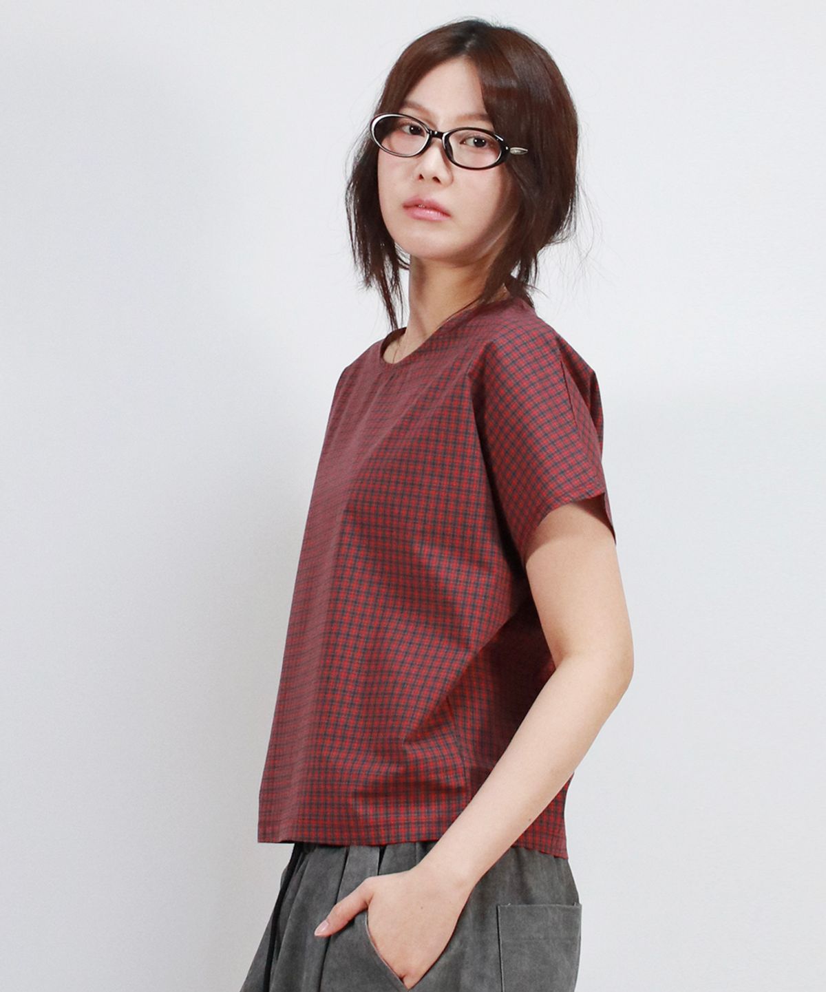 드마크(DEMARC) checkered mini French short-sleeved shirt Red