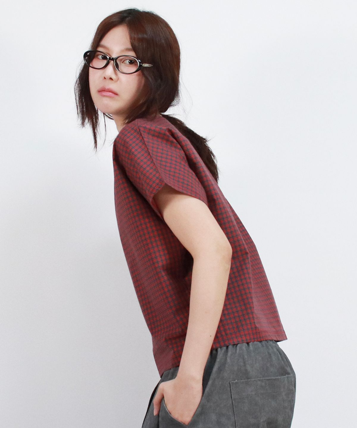 드마크(DEMARC) checkered mini French short-sleeved shirt Red