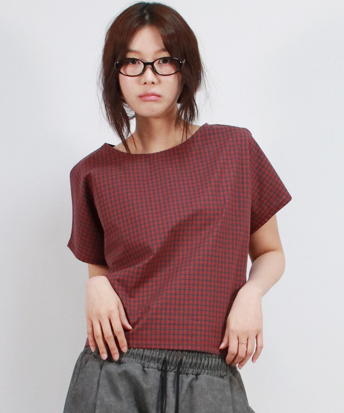 드마크(DEMARC) checkered mini French short-sleeved shirt Red