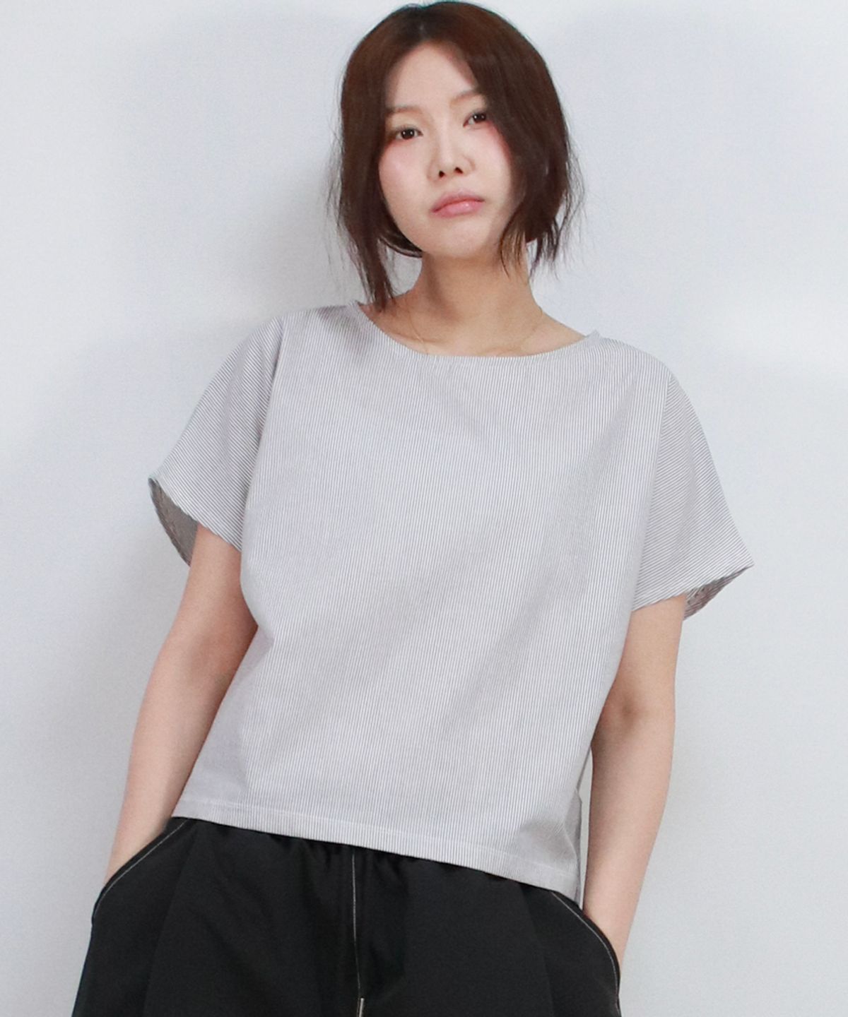 드마크(DEMARC) Stripe Mini French Short Sleeve Shirt Black