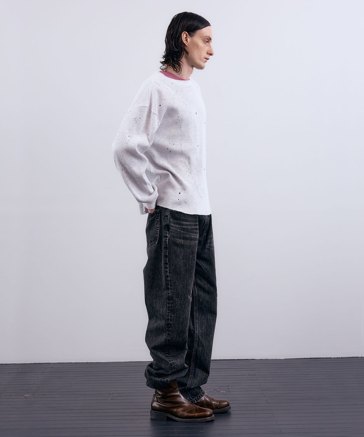 누아클레(NUAKLE) (m) 미스트 페인팅 와플 티셔츠_화이트메란지