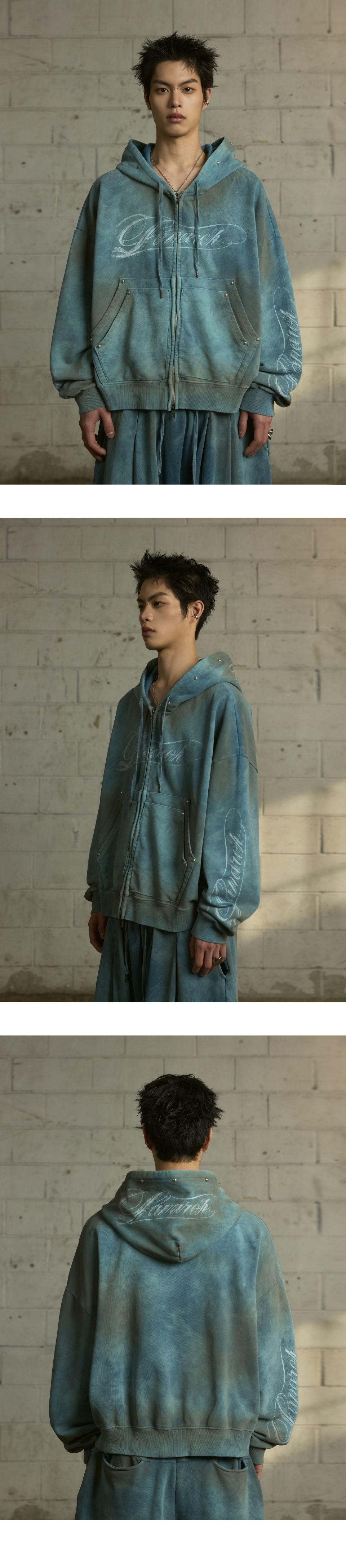 MUSINSA | LANARCHIVE [0112] Vintage Washed Stud Logo Zip-Up Hoodie