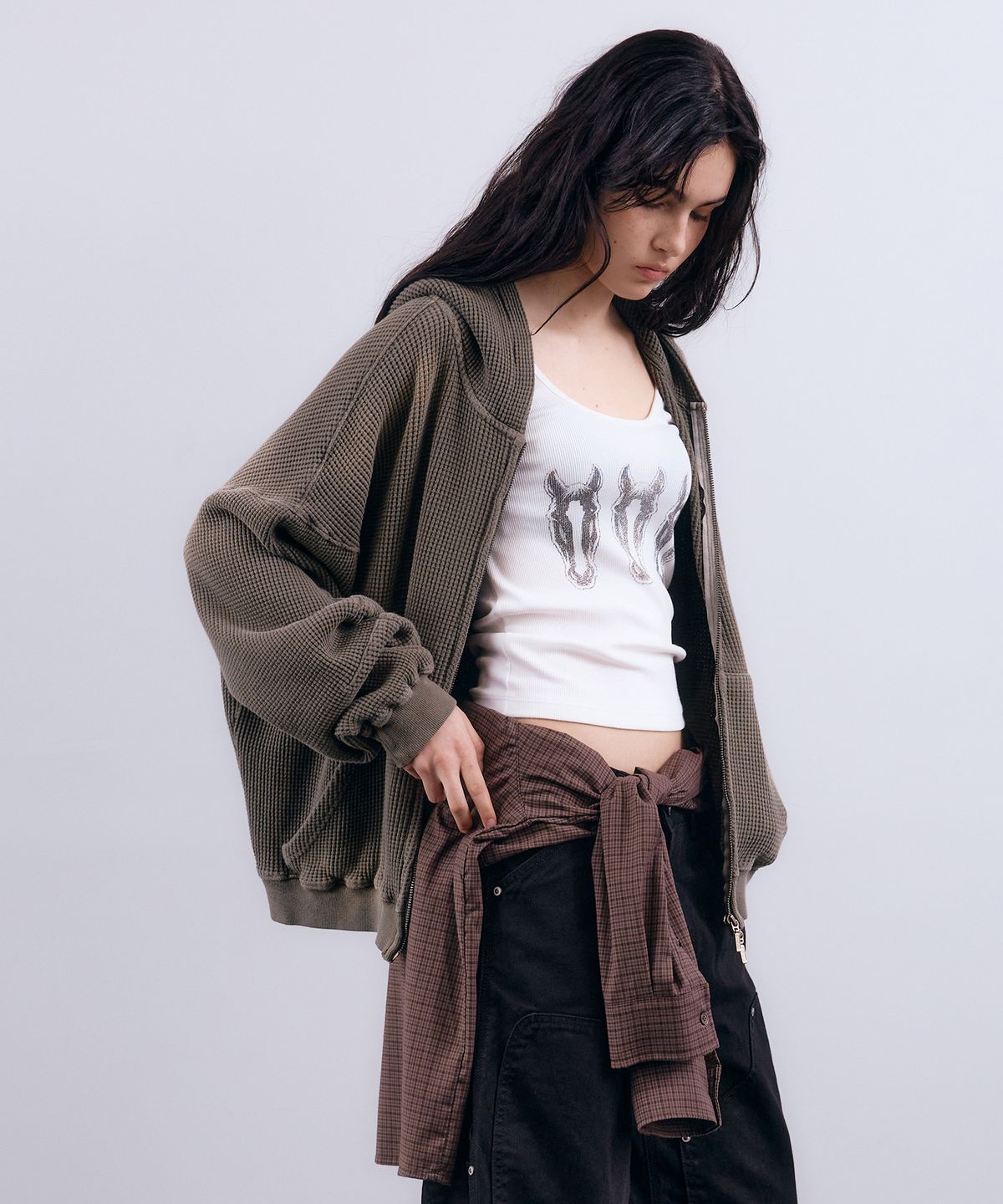 누아클레(NUAKLE) (w) 와플 페이드 집업 후디_카키