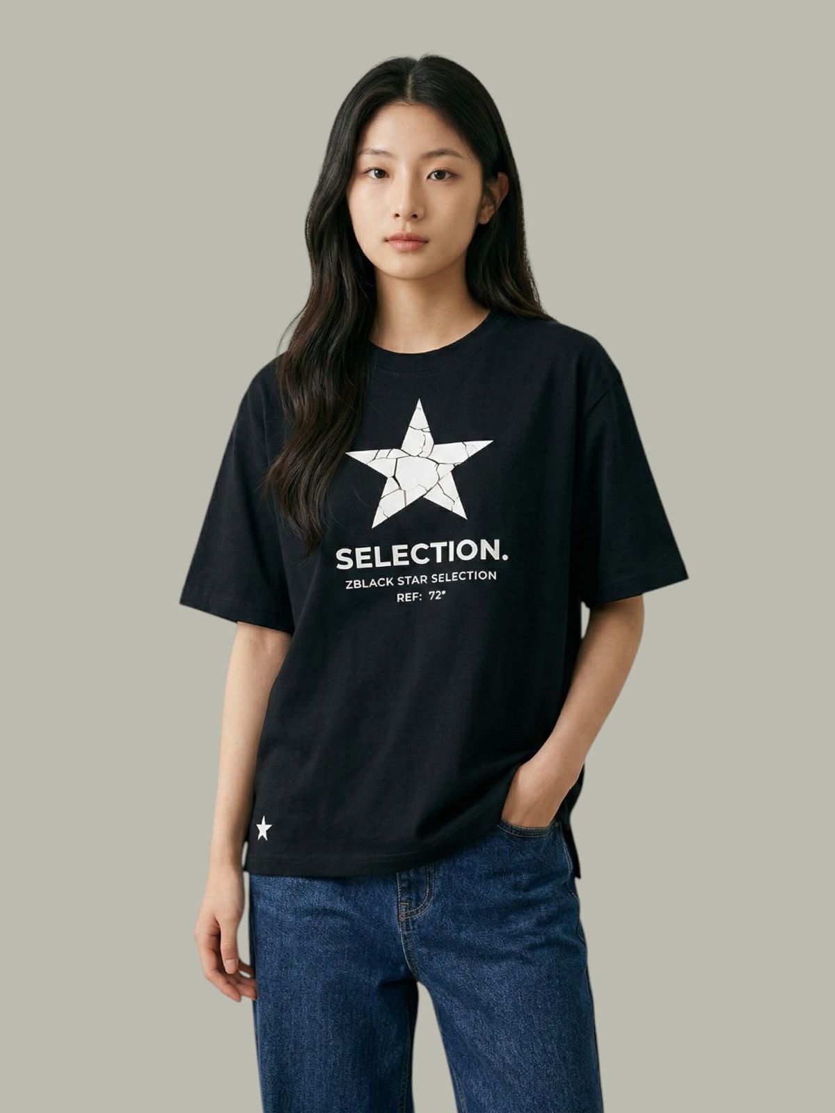 지블랙(ZBLACK) 스타셀렉션 크렉 스타 스몰로고 오버핏 반팔(BLACK)