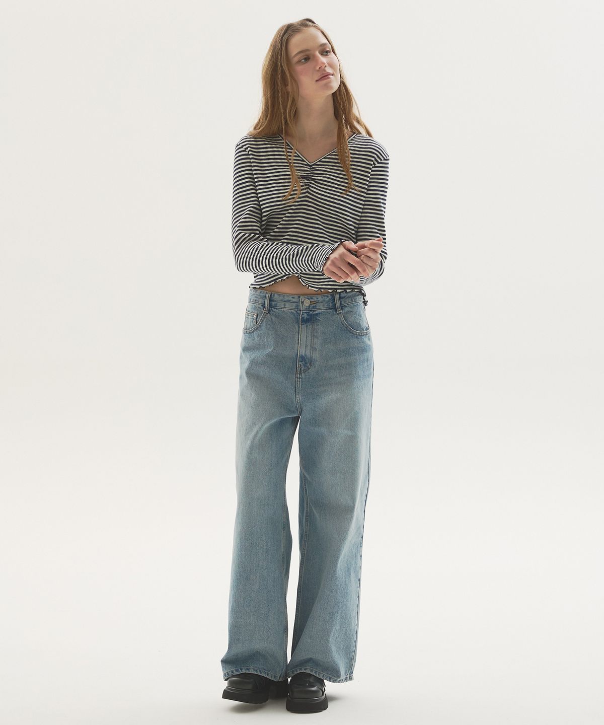 뉴루키(NEW LOOKY) Shirring point long sleeves t-shirt_Navy