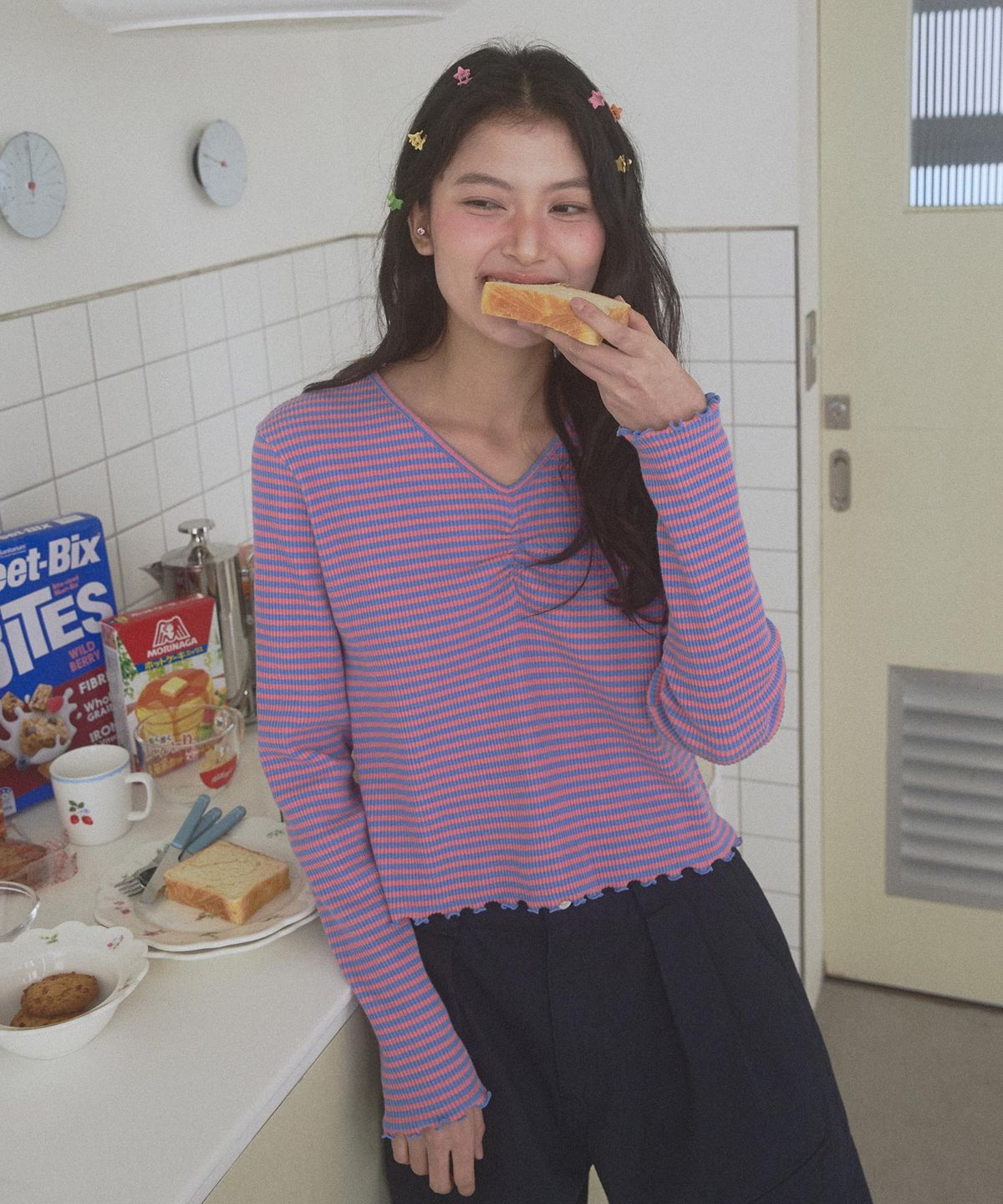 뉴루키(NEW LOOKY) Shirring point long sleeves t-shirt_Pink