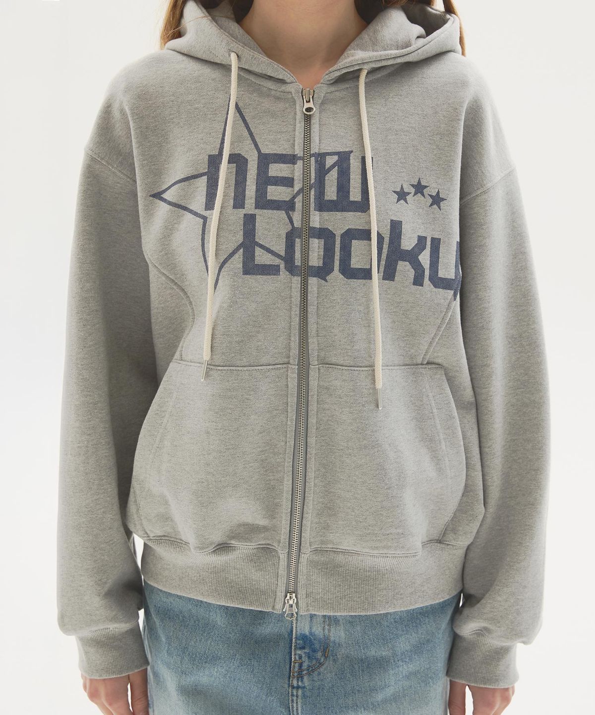 뉴루키(NEW LOOKY) Loose fit hooded jumper _Melange grey