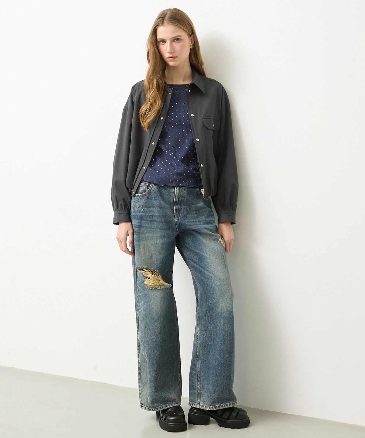 뉴루키(NEW LOOKY) Damaged wide fit denim pants_Dark blue