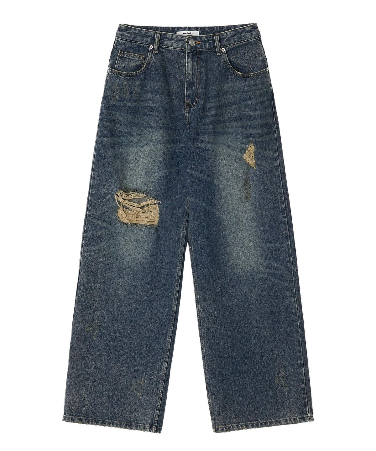 뉴루키(NEW LOOKY) Damaged wide fit denim pants_Dark blue