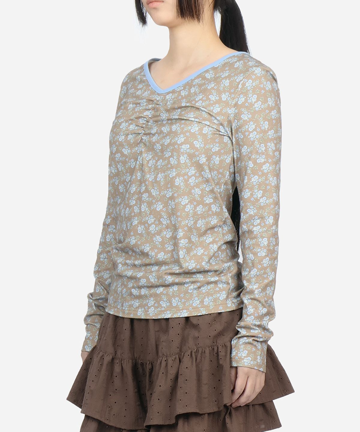 써넥트(SUNNECT) Floral Cinch Front LS Tee - Mocha