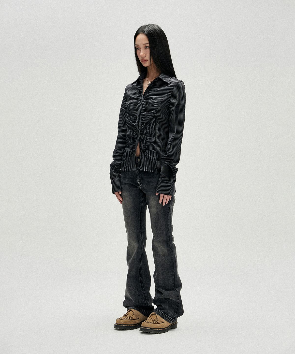 낫포너드(NOT4NERD) W Symbol Stitch Low Rise Flare Fit Denim Pants - Black