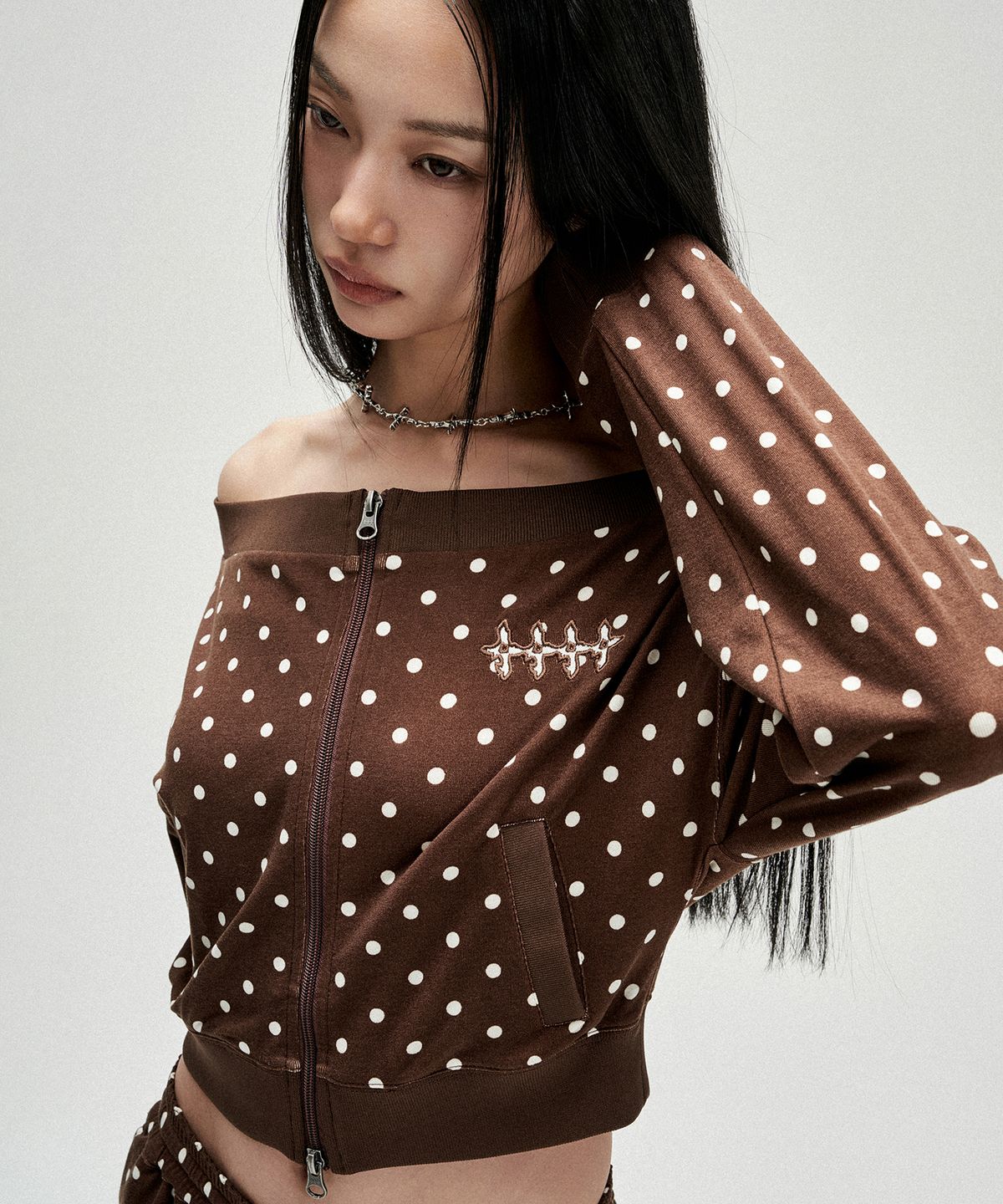 낫포너드(NOT4NERD) W Polka Dot Jersey Crop Track Jacket - Brown