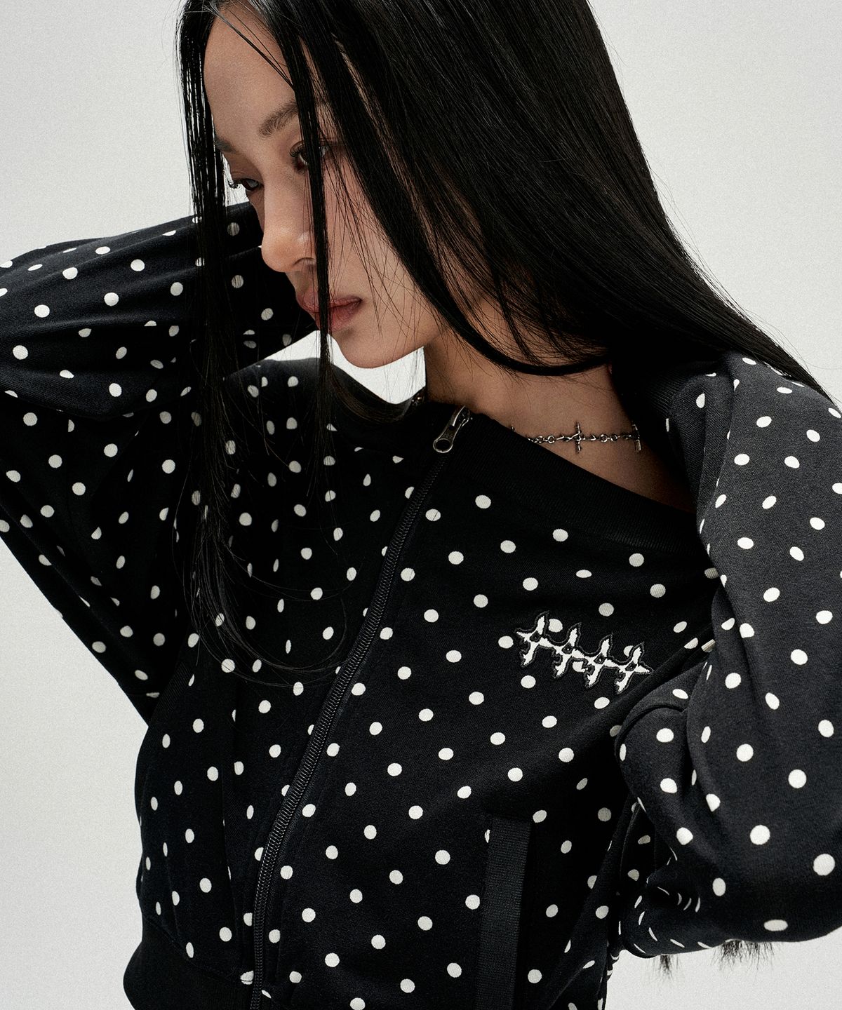 낫포너드(NOT4NERD) W Polka Dot Jersey Crop Track Jacket - Black