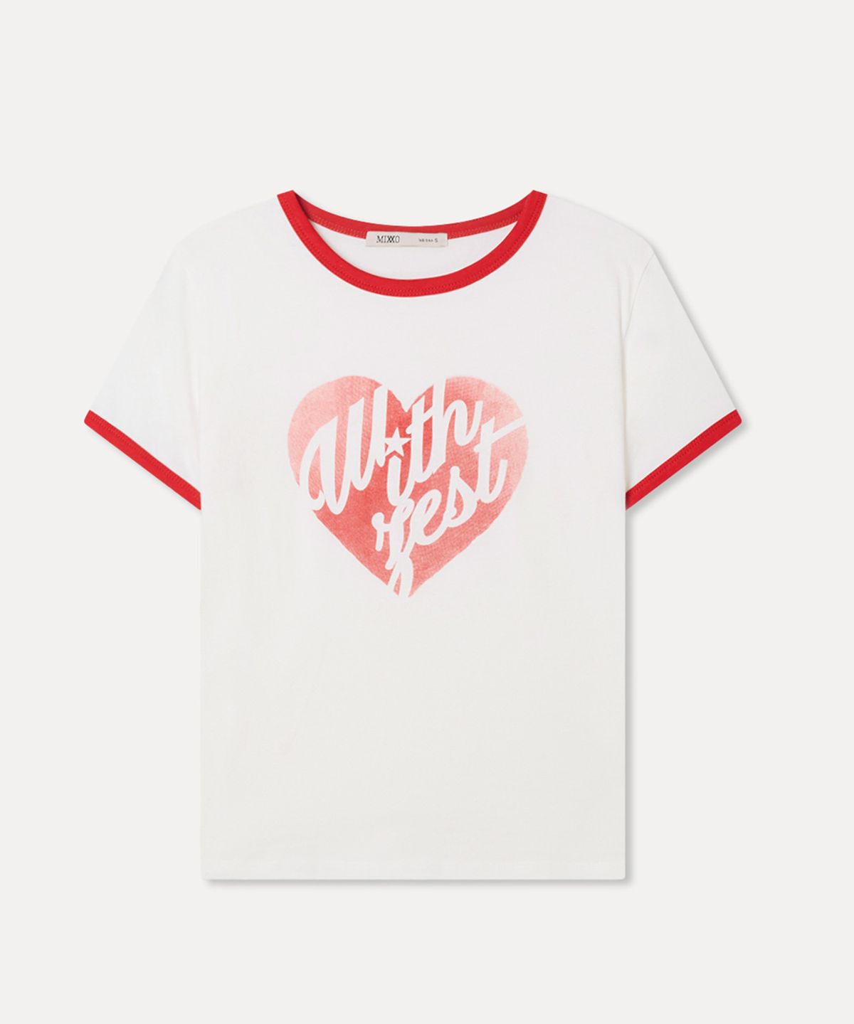 미쏘(MIXXO) 링거 그래픽 반팔 티셔츠_MIWHWG511A