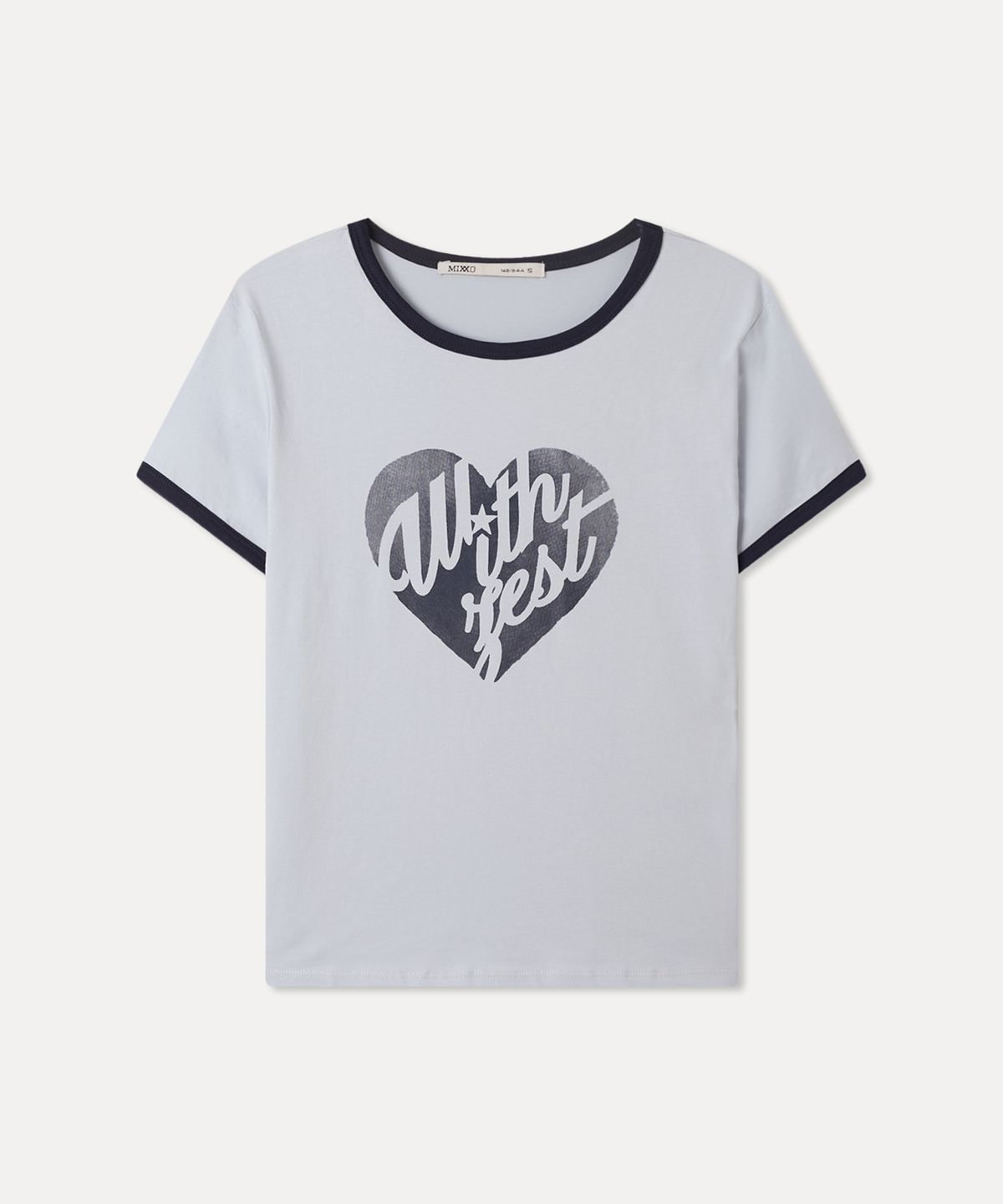 미쏘(MIXXO) 링거 그래픽 반팔 티셔츠_MIWHWG511A