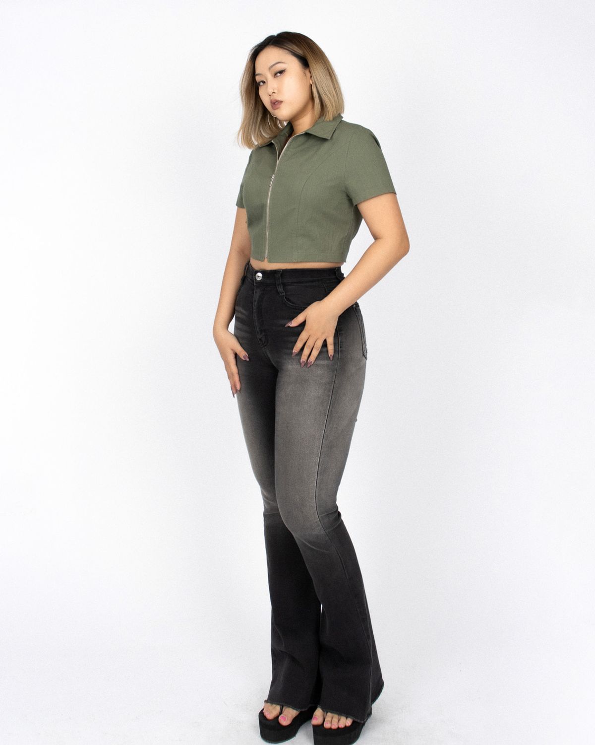 쿨시스(COOLSIS) CS CROP ZIP SHIRTS-017 (KHAKI)