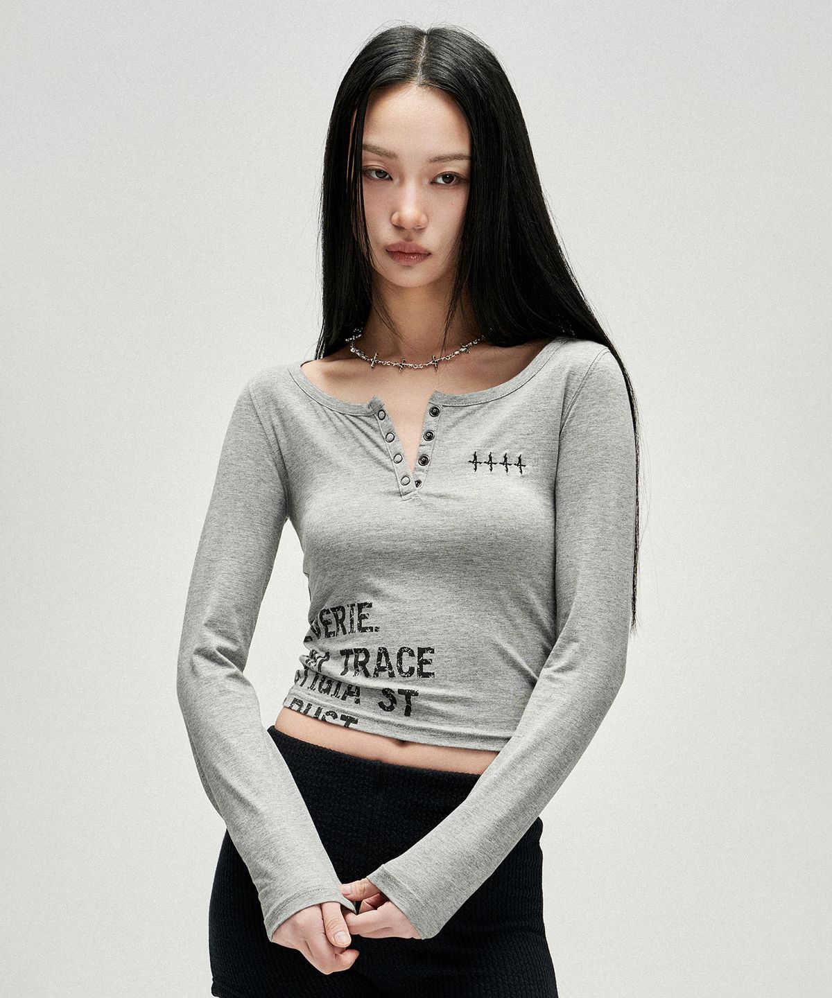 낫포너드(NOT4NERD) W Dream Trace Henley Neck Long Sleeve - Grey