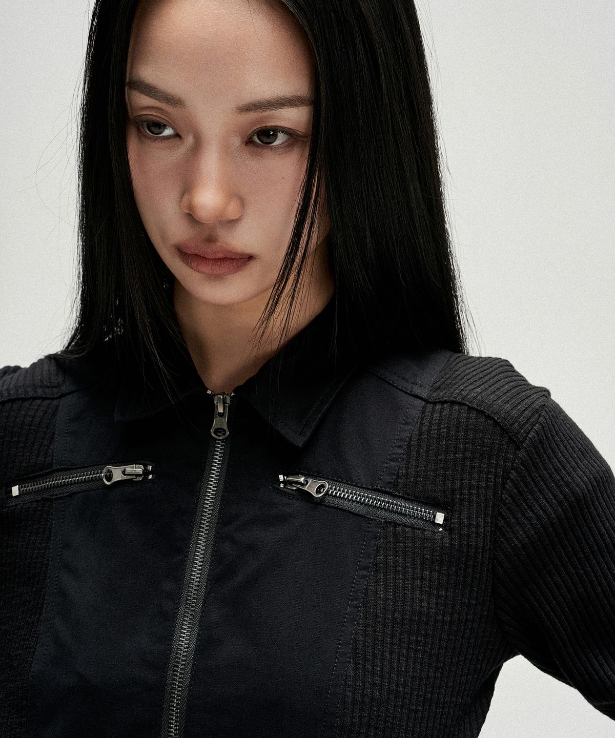 낫포너드(NOT4NERD) W Rib Panel Twill Zipper Jacket - Black