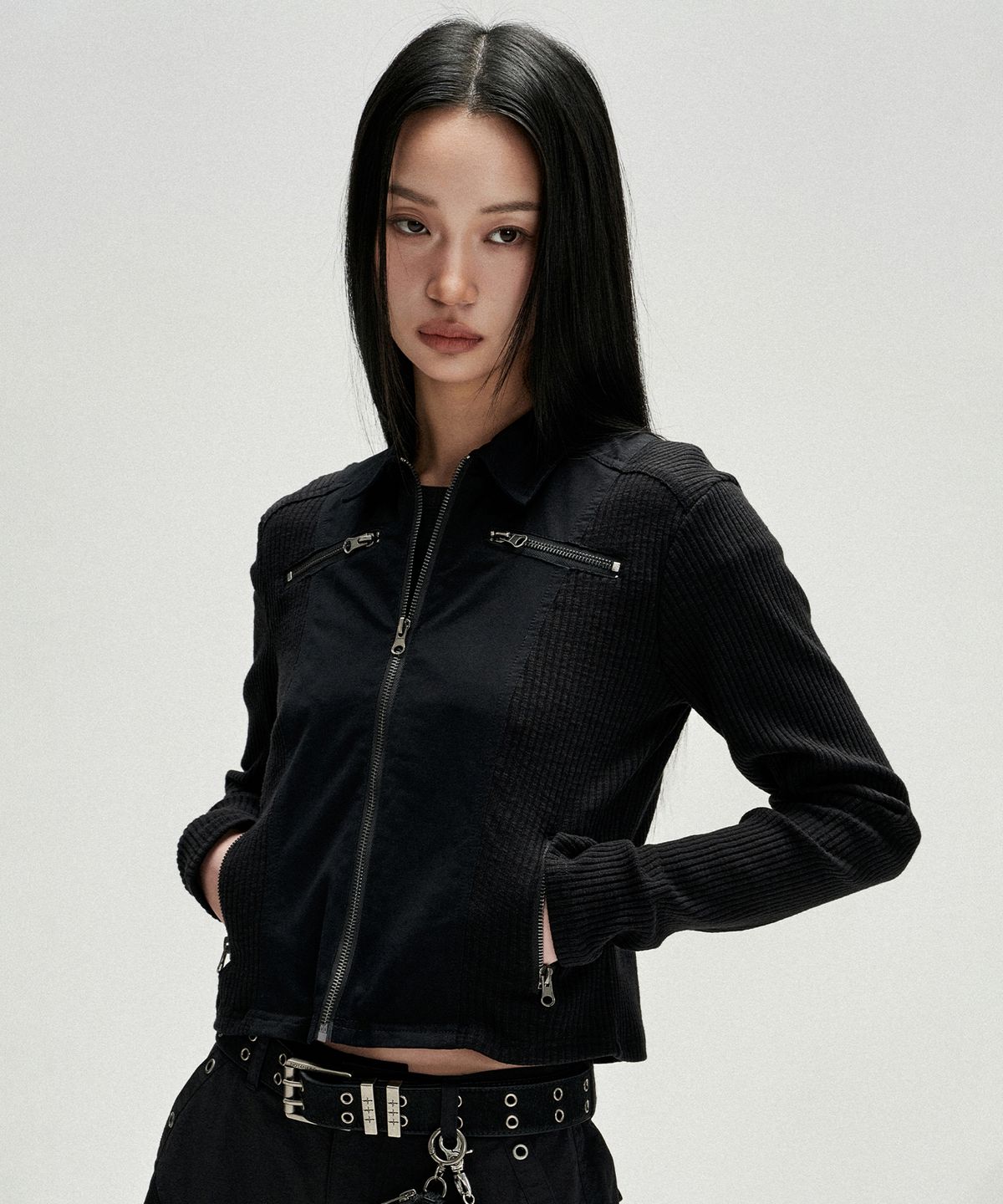낫포너드(NOT4NERD) W Rib Panel Twill Zipper Jacket - Black