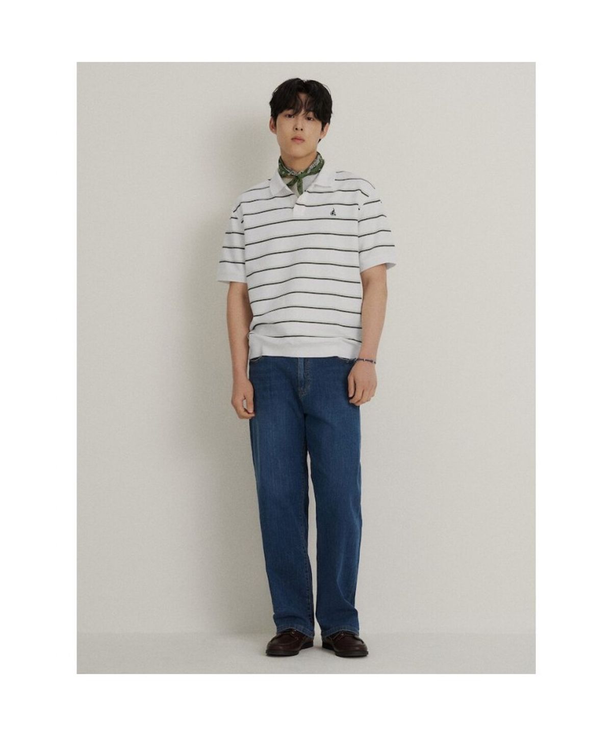 빈폴 멘(BEANPOLE MEN) 칼라넥 스트라이프 미니와플 반소매 티셔츠  라이트 그린