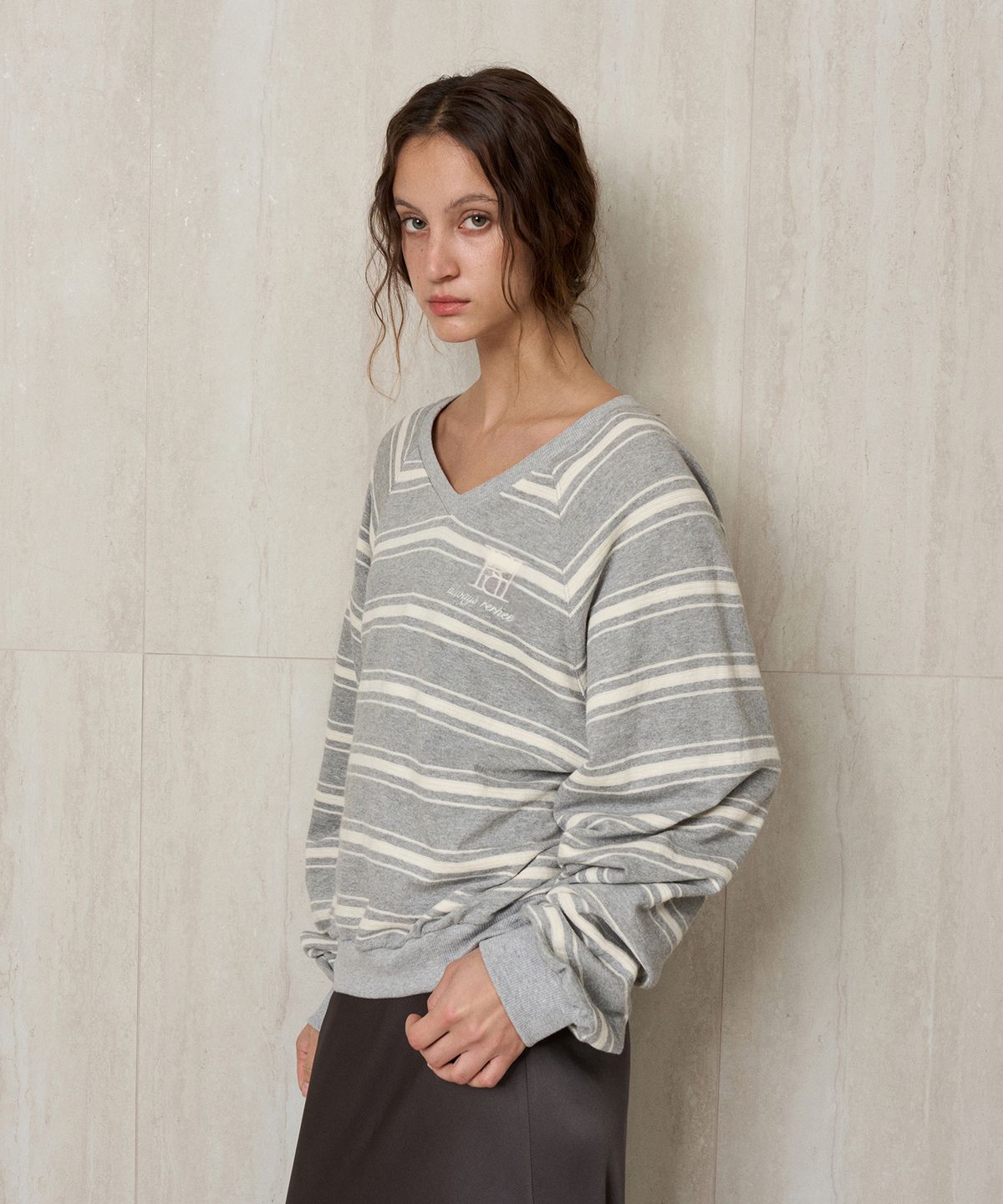 리이(RE RHEE) STRIPED KNIT PULLOVER GRAY