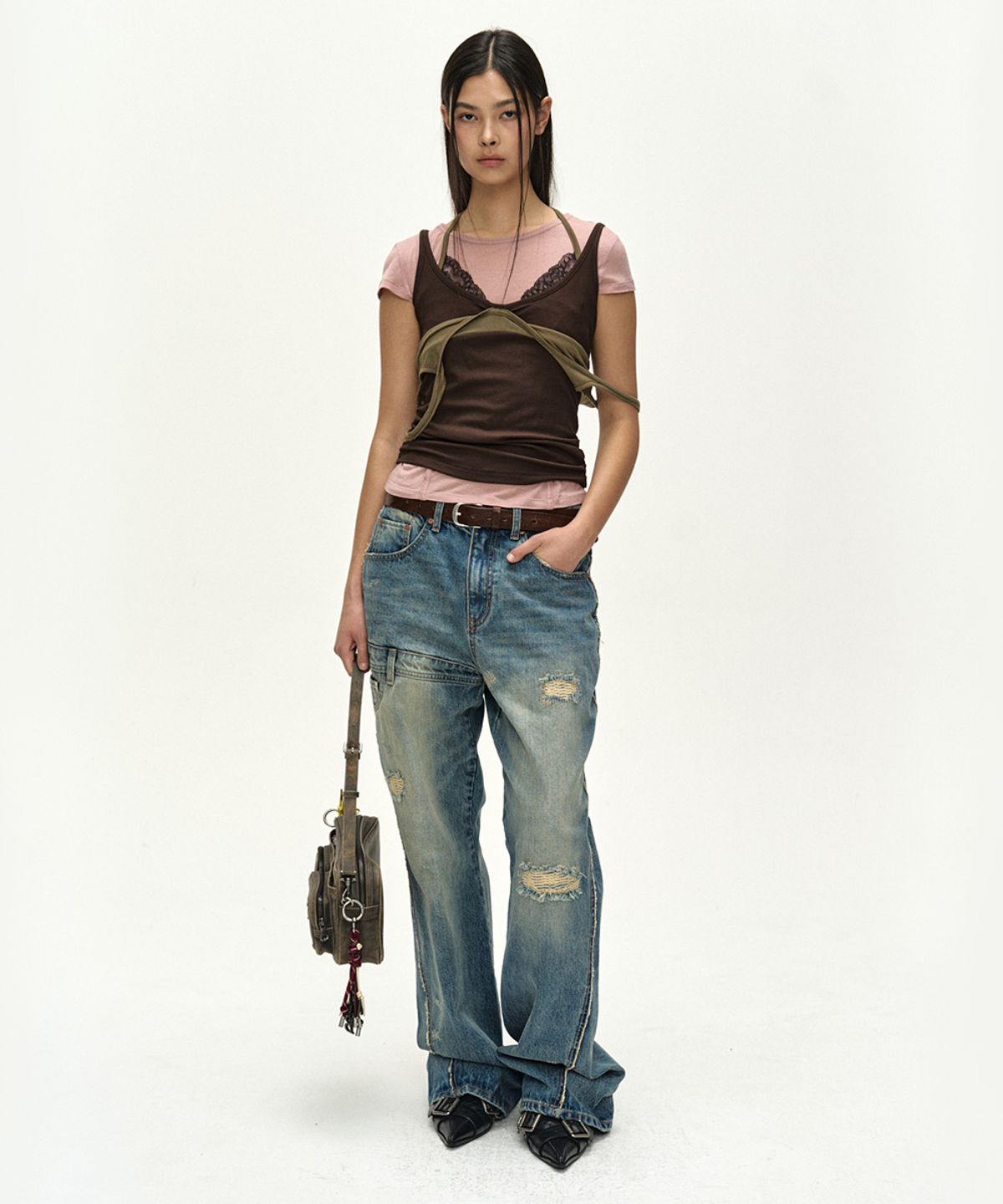 앤더슨벨(ADSB ANDERSSON BELL) UPSIDE-DOWN LAYERED T-SHIRT atb1557w(PINK/BROWN)