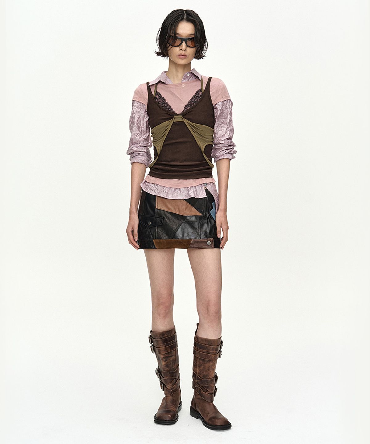 앤더슨벨(ADSB ANDERSSON BELL) UPSIDE-DOWN LAYERED T-SHIRT atb1557w(PINK/BROWN)