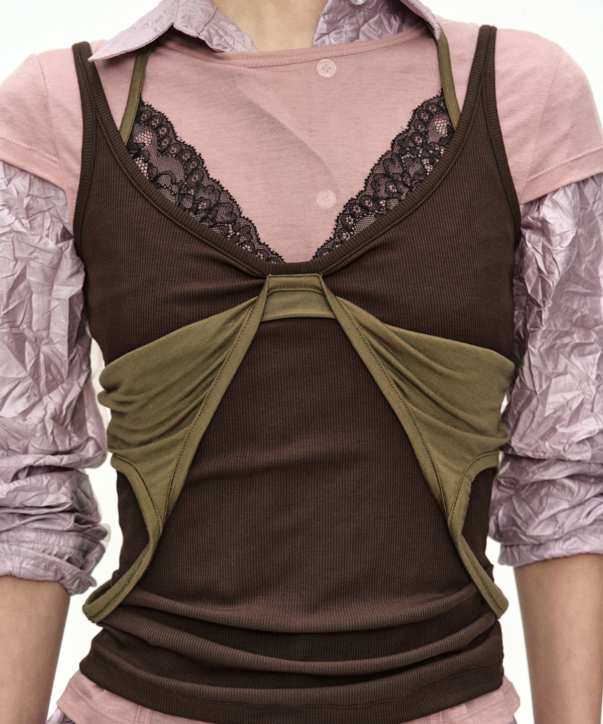 앤더슨벨(ADSB ANDERSSON BELL) UPSIDE-DOWN LAYERED T-SHIRT atb1557w(PINK/BROWN)