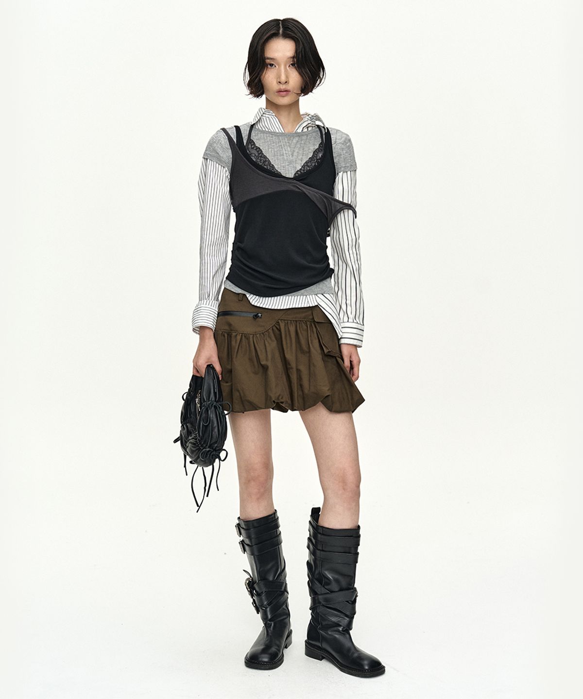 앤더슨벨(ADSB ANDERSSON BELL) UPSIDE-DOWN LAYERED T-SHIRT atb1556w(GREY/BLACK)