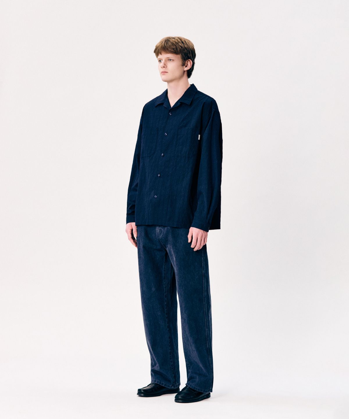 에스피오나지(ESPIONAGE) Checked Seersucker Open Collar Shirt Navy