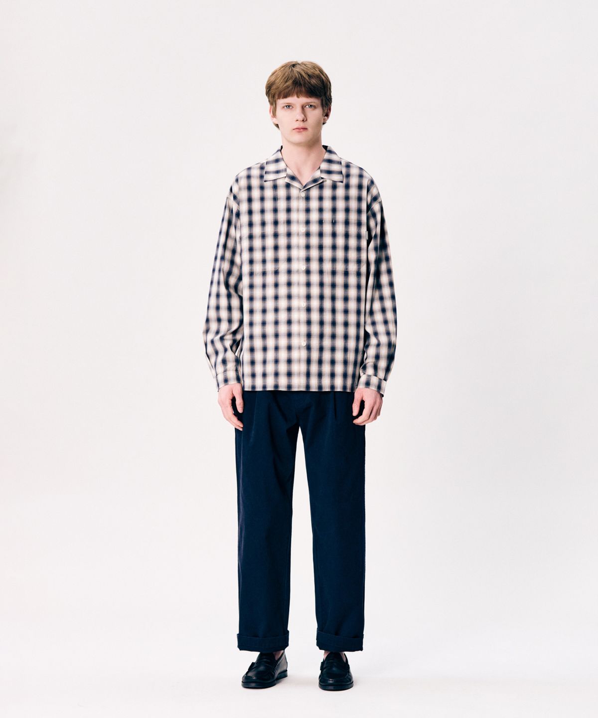 에스피오나지(ESPIONAGE) Checked Open Collar Shirt Navy