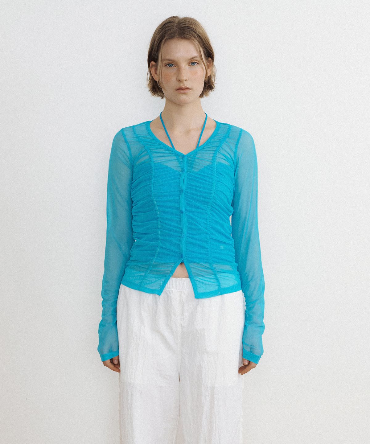 루시르주(LUCIR ZU) Mesh Shirring Cardigan (aqua)