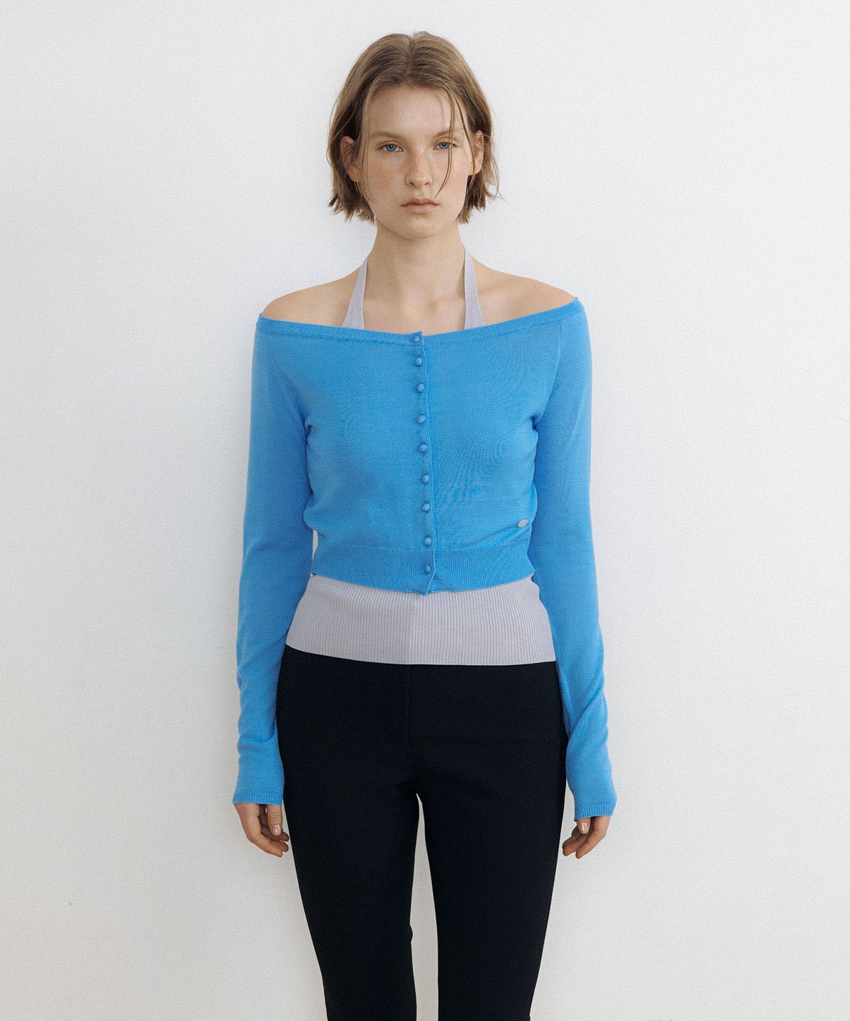 루시르주(LUCIR ZU) Airy Boat Neck Button Cardigan (blue)
