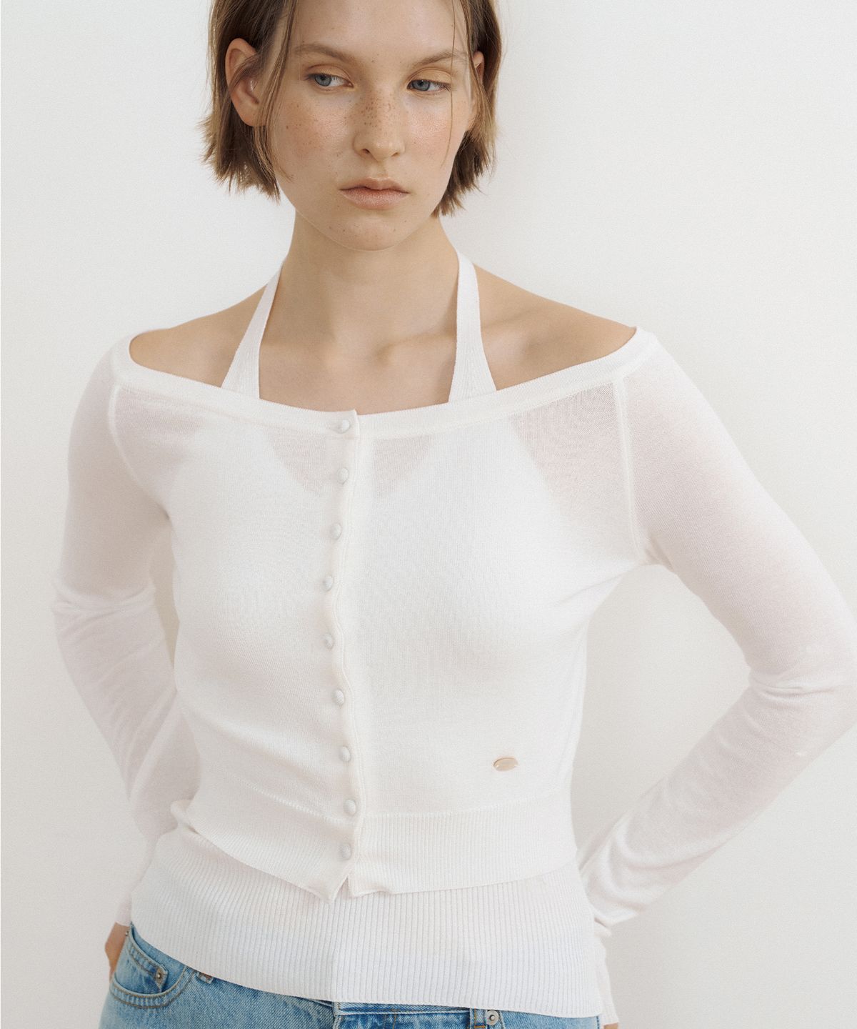 루시르주(LUCIR ZU) Airy Boat Neck Button Cardigan (ivory)