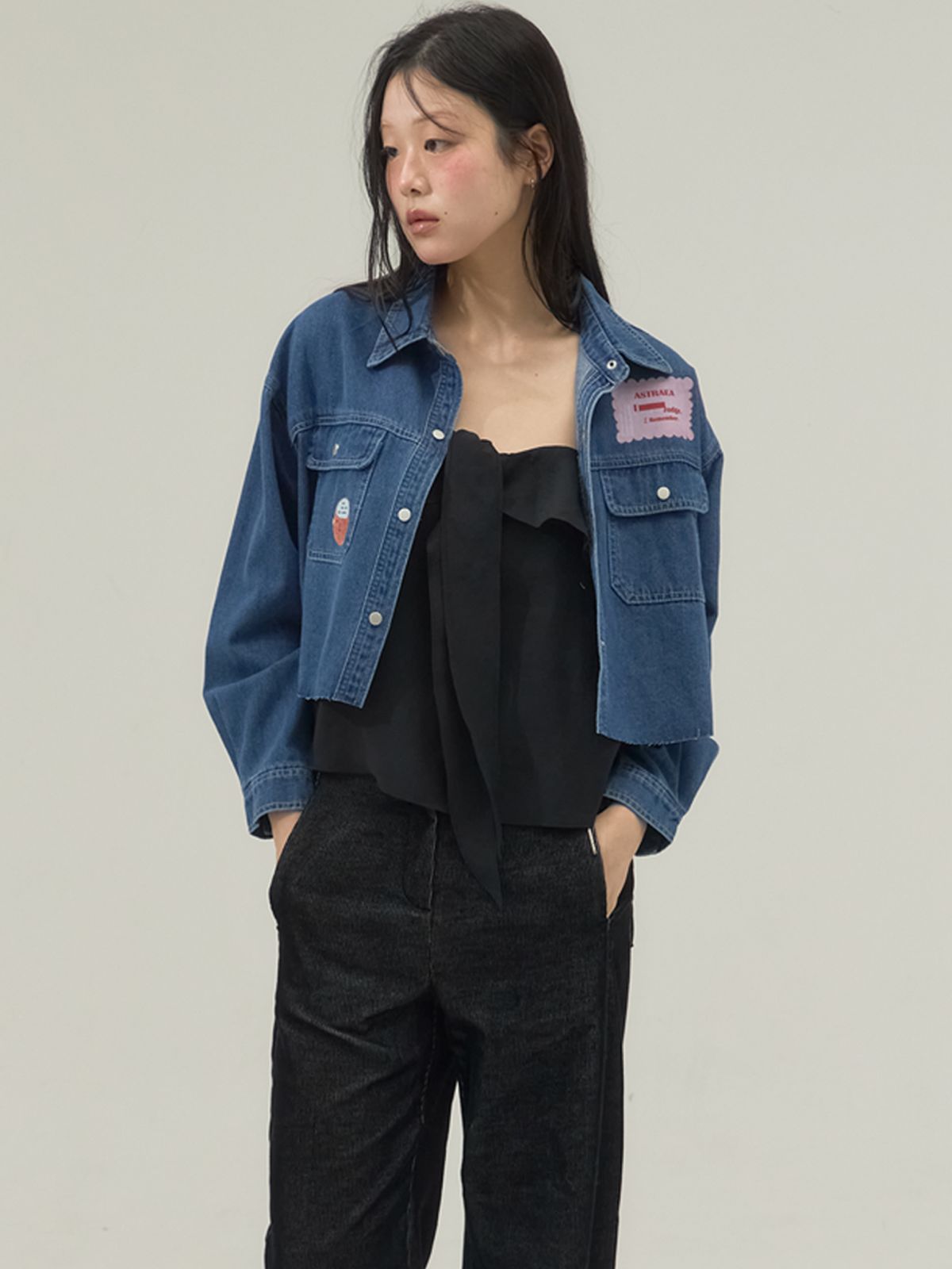 쏘리, 투 머치 러브(SORRY, TOO MUCH LOVE) Cropped Utility Denim Shirt Jacket_Blue