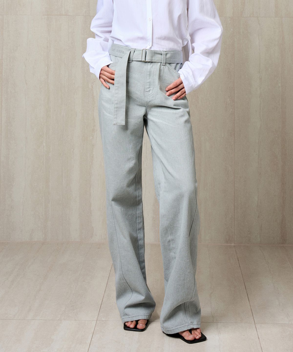 리이(RE RHEE) BELTED DENIM PANTS SOFT MINT