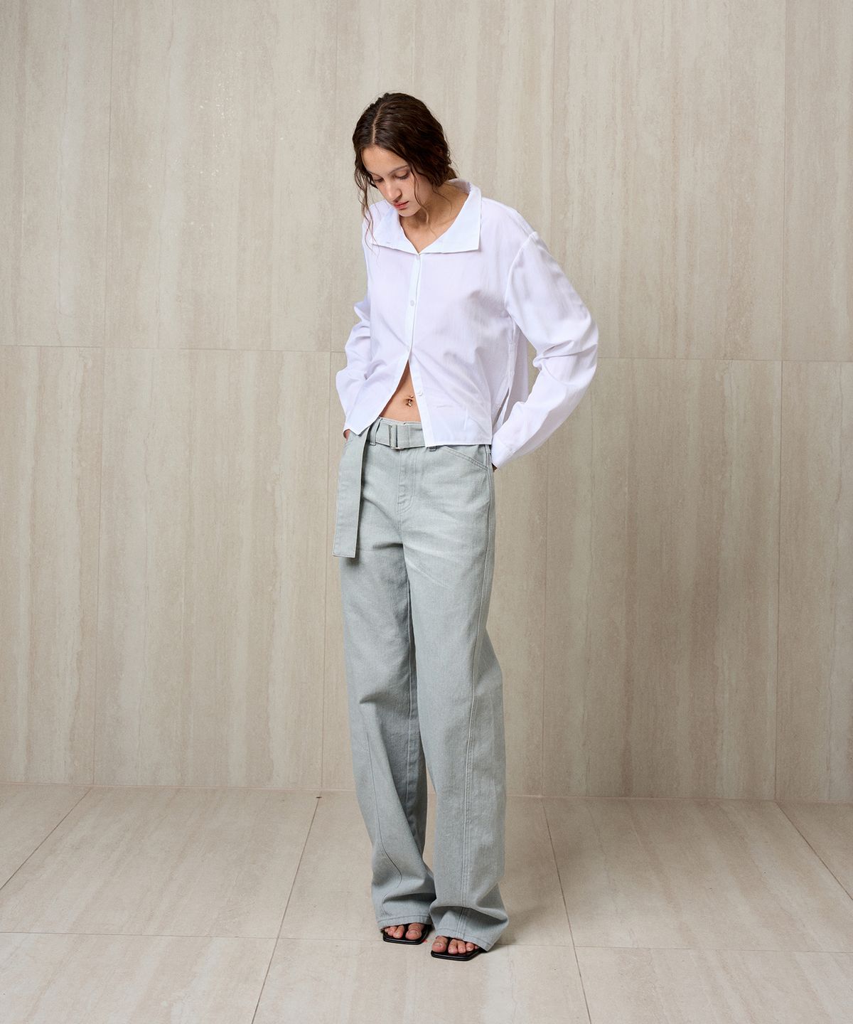 리이(RE RHEE) BELTED DENIM PANTS SOFT MINT