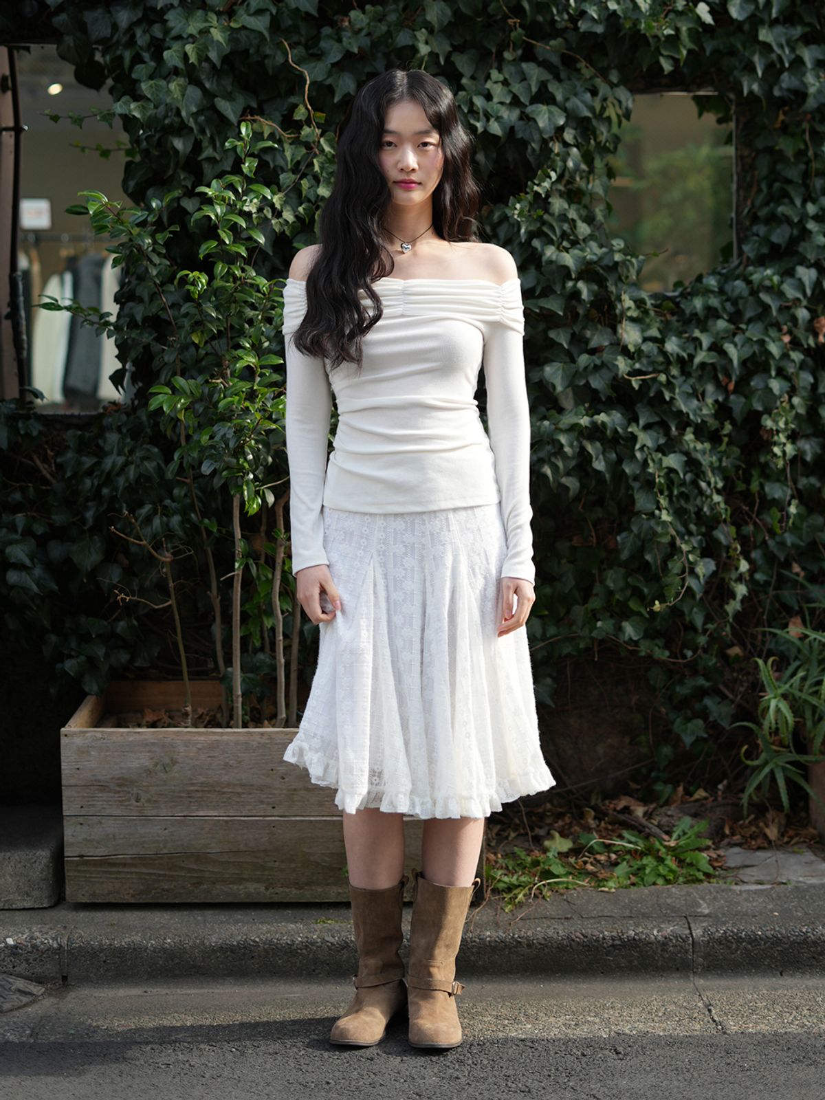 랭앤루(LANGNLU) CLOVI Midi Lace Skirt(클로비)_IVORY
