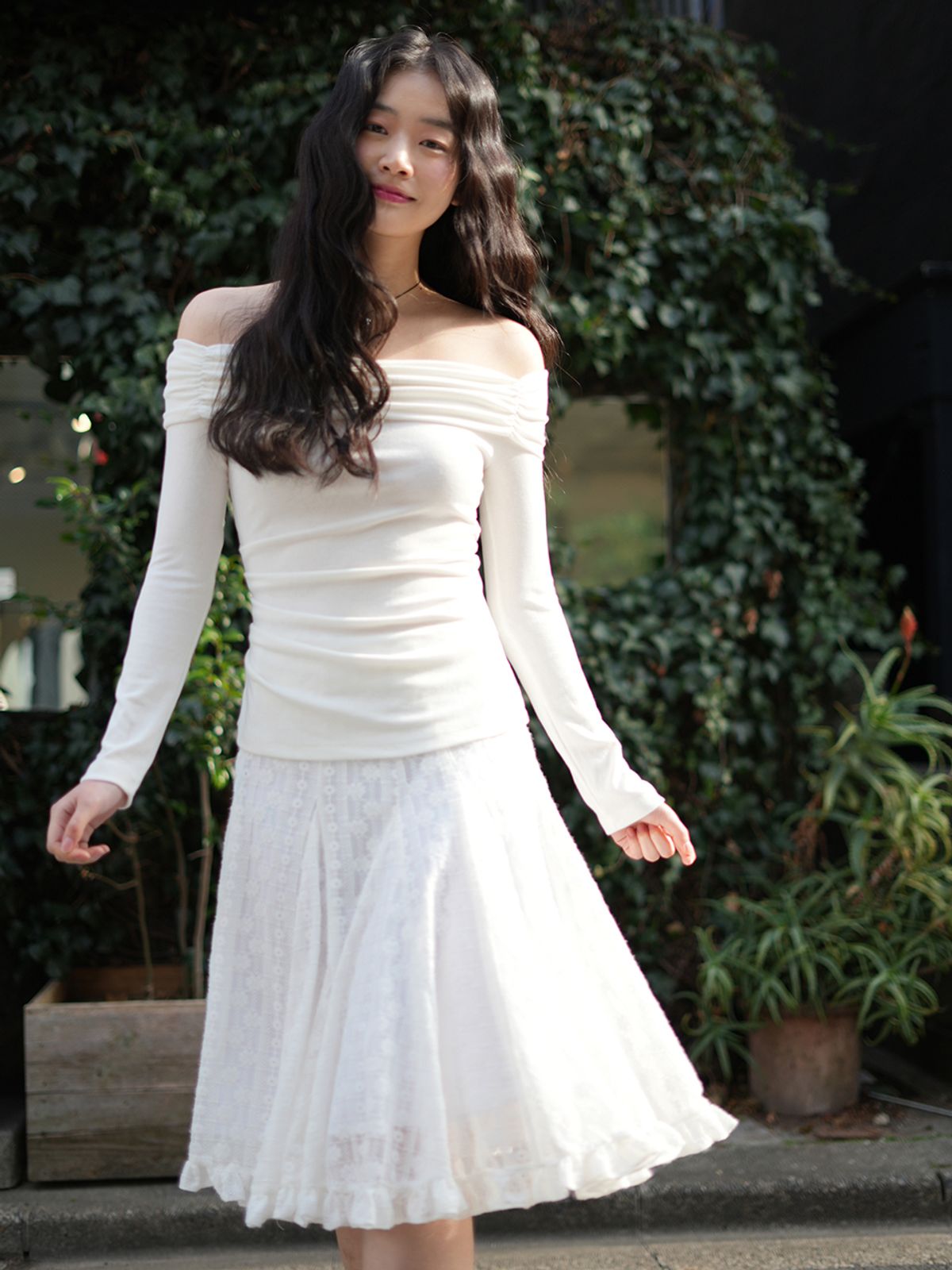 랭앤루(LANGNLU) CLOVI Midi Lace Skirt(클로비)_IVORY