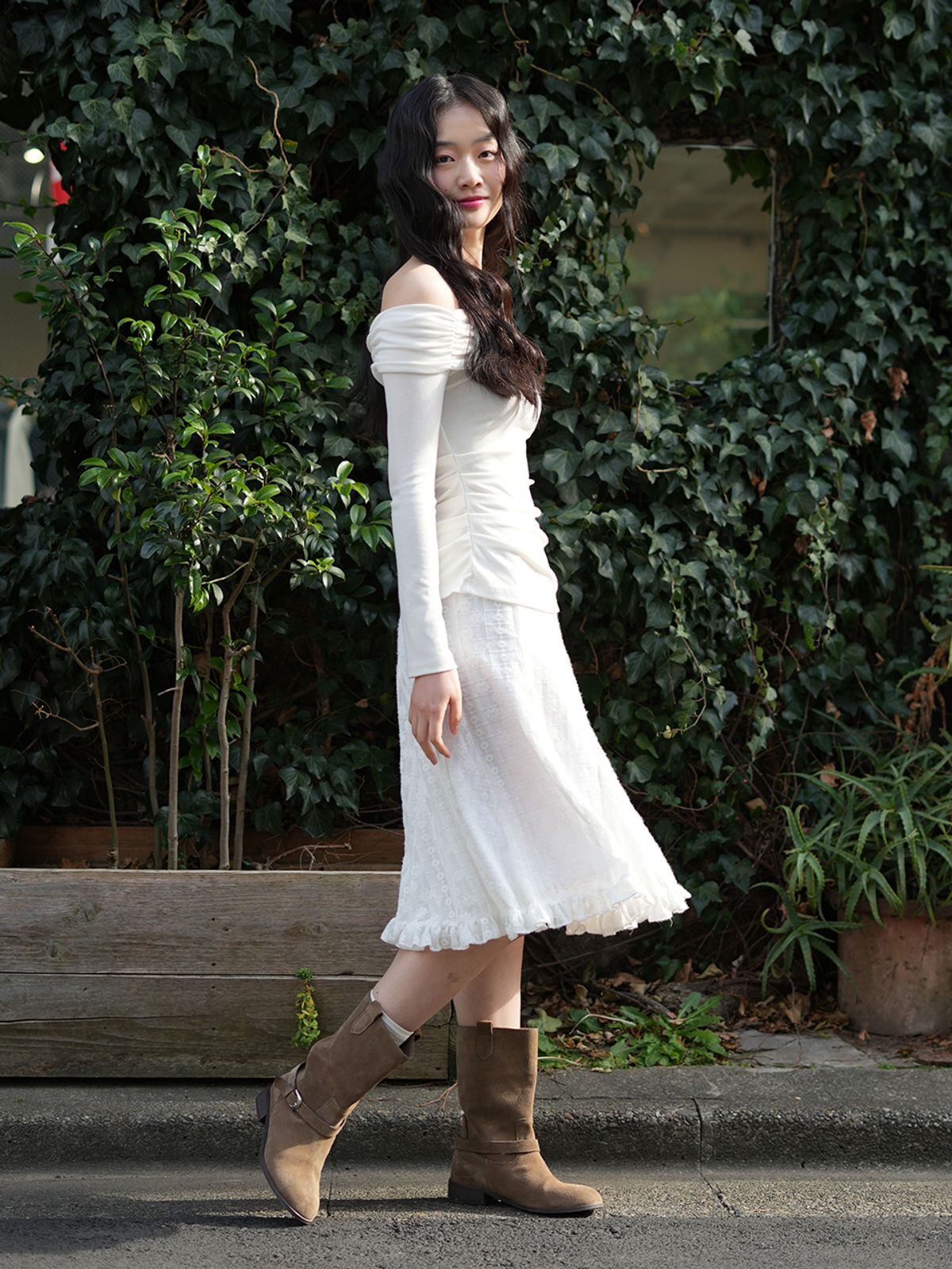 랭앤루(LANGNLU) CLOVI Midi Lace Skirt(클로비)_IVORY